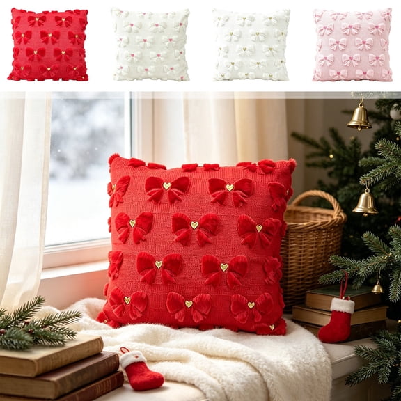 Yeciiwht Christmas Pillow Covers 18x18in,Knitted Bow Pillow Cases Decorative Throw Pillow Covers with Heart Accents for Home Christmas Decor 4 Colors