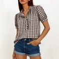 thumbnail image 4 of TEAJOPSUU Plaid Tops for Women V Neck Short Sleeve Button Down Placket Shirts Trendy Puff Sleeve Solid Color Blouses Brown, 4 of 8