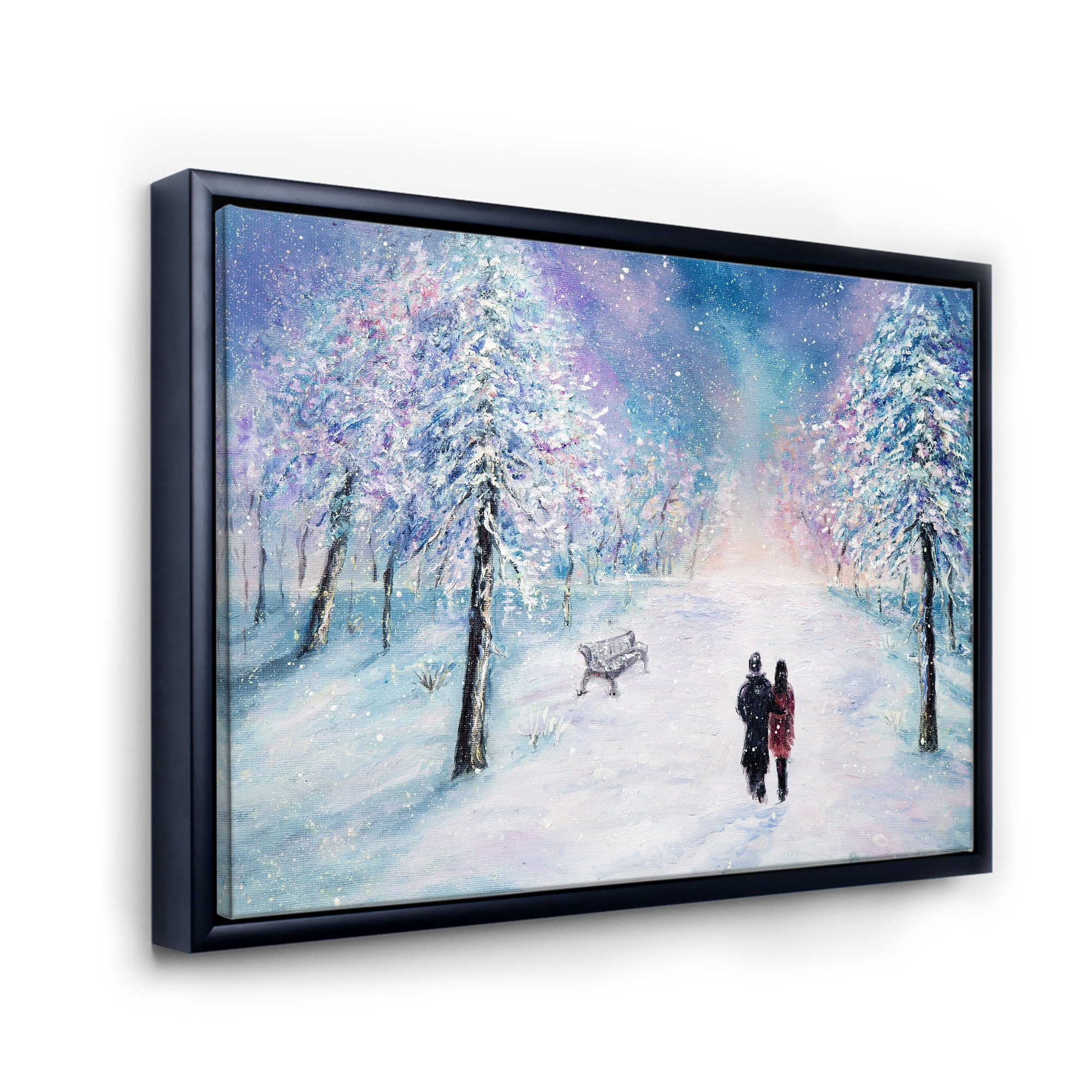Designart 'Couple In Love Walks During Snowy Winter Times' Traditional Framed Canvas Wall Art Print