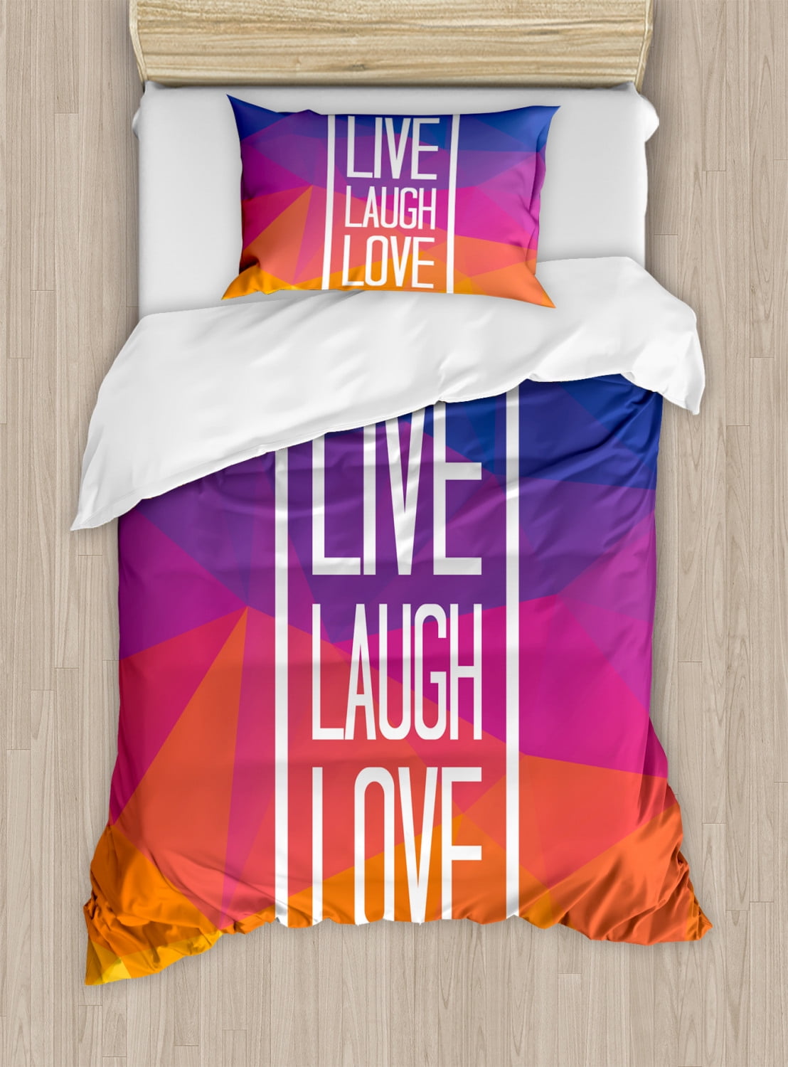 Live Laugh Love Duvet Cover Set Twin Size, Famous Slogan Framework with  Triangulated Low Poly Effects Colorful Print, Decorative 2 Piece Bedding  Set 