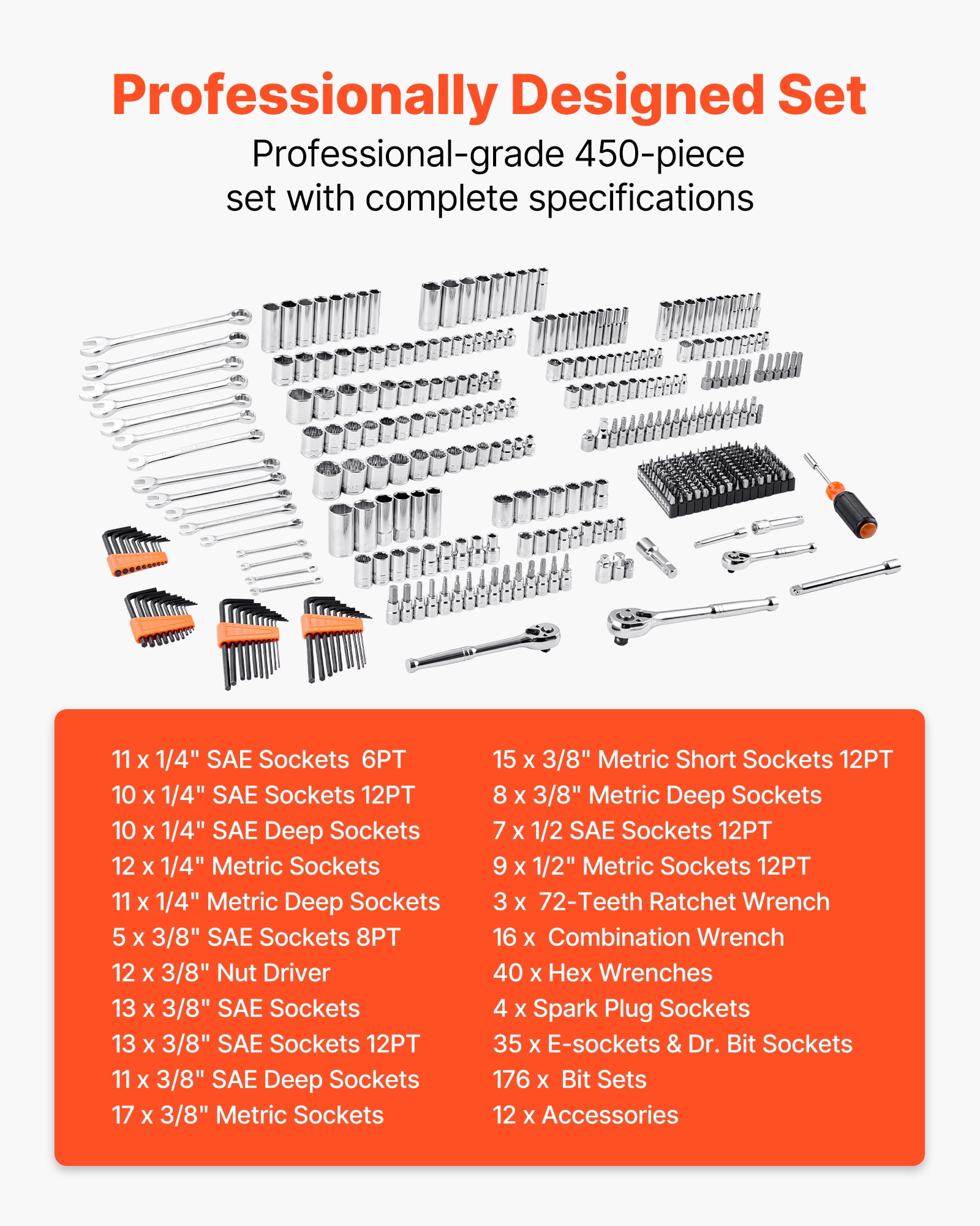 VEVOR Mechanics Tool Set and Socket Set,450 Pcs, 1/4, 3/8 and 1/2 inch Drive Deep and Standard Sockets, SAE Metric Mechanic Tool Kit with Bits, Wrenches, Accessories, Storage Case with Orange Drawer