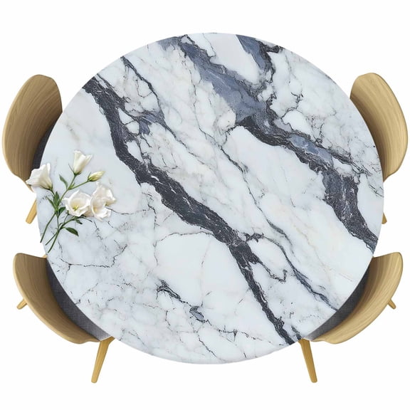 Marble White Round Tablecloth 36-44 Inch Round Fitted Table Cloth with Elastic Edge, Modern Abstract Art Ink Painting Waterproof Table Cover Protector for Outdoor Picnic Party Dining