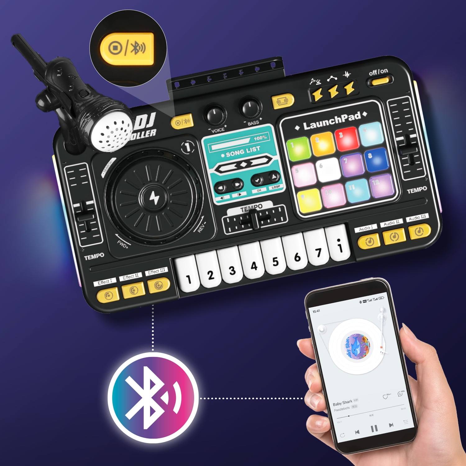 Carsky Kids DJ Mixer Turntable, Bluetooth Microphone, Light up DJ