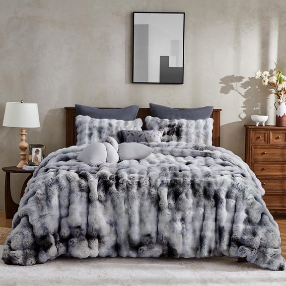 Wonderful Fluffy Faux Rabbit Fur 3-Piece Gray Tie-Dye Comforter Sets, King