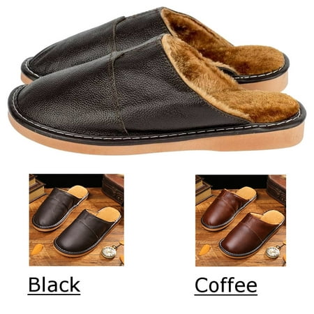 Winter Men's Fur Warm Leather Indoor Home House Slippers Vintage Classic Slip On Pumps Flats Close