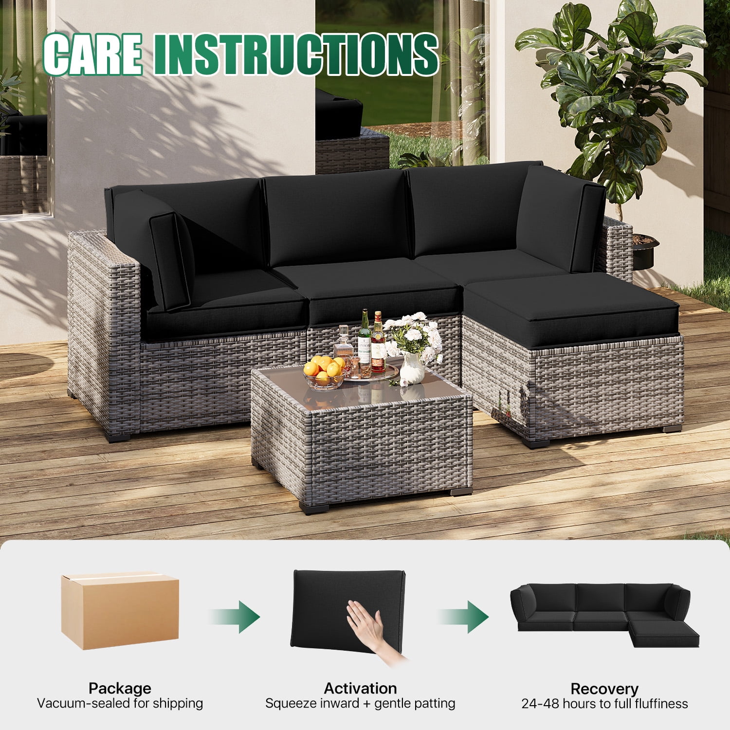 Clouddwell 9-Piece Outdoor Cushion Set for 4-Seat Wicker Sectional - Waterproof, High-Resilience Foam (Black)