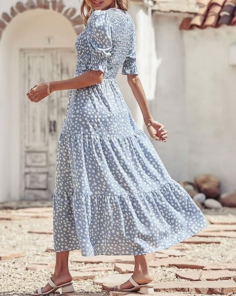 FreshPretty Women Casual Summer Dresses 2025 Spring Crew Neck Ruffle Short Sleeve Floral Print Smocked Boho Flowy Maxi Dress
