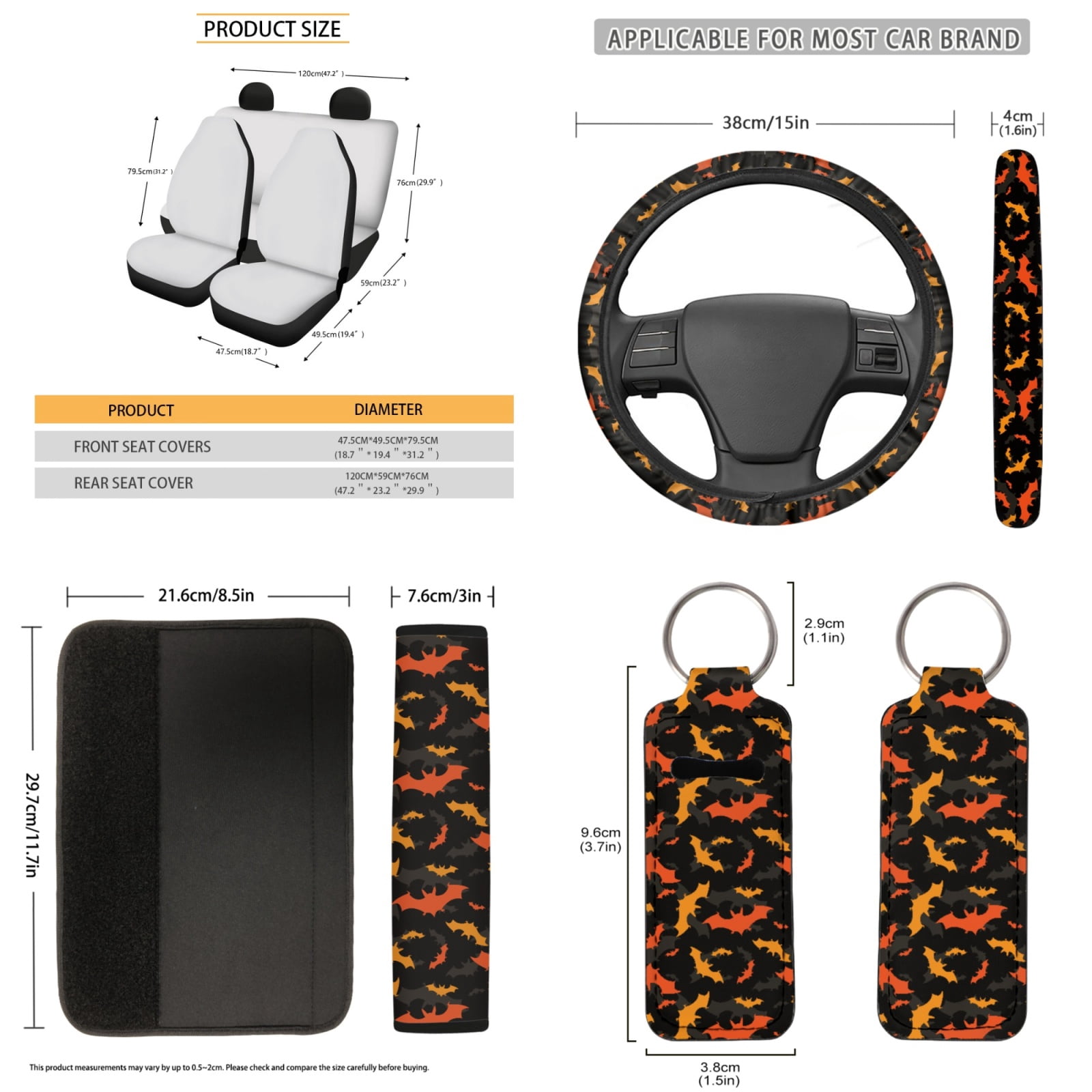 Jeiento Bats Car Seat Covers Full Set of 13 with Car Steering Wheel Cover Seat Belt Pads Car Trash Can Auto Rear View Mirror Cover Car Coasters Chapstick Holder Keychain for Truck SUV