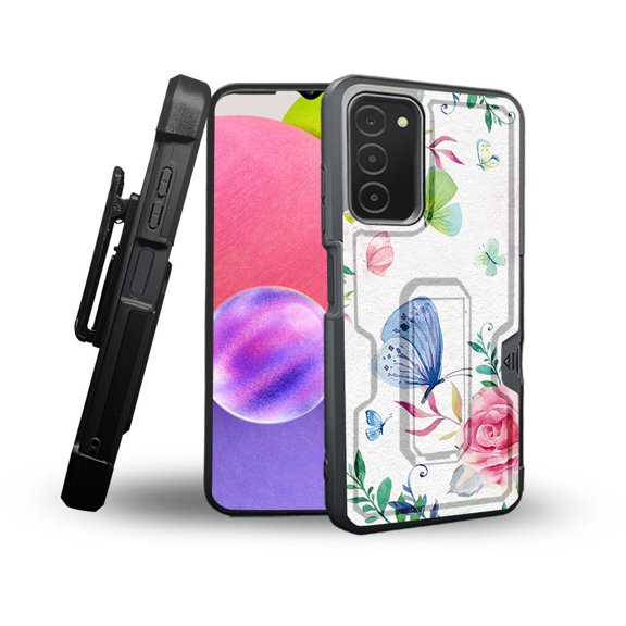 ANJ  Rugged Shockproof Holster Case Card Slot Kickstand   Tempered Glass Cover for Samsung Galaxy A03s - Butterfly Roses