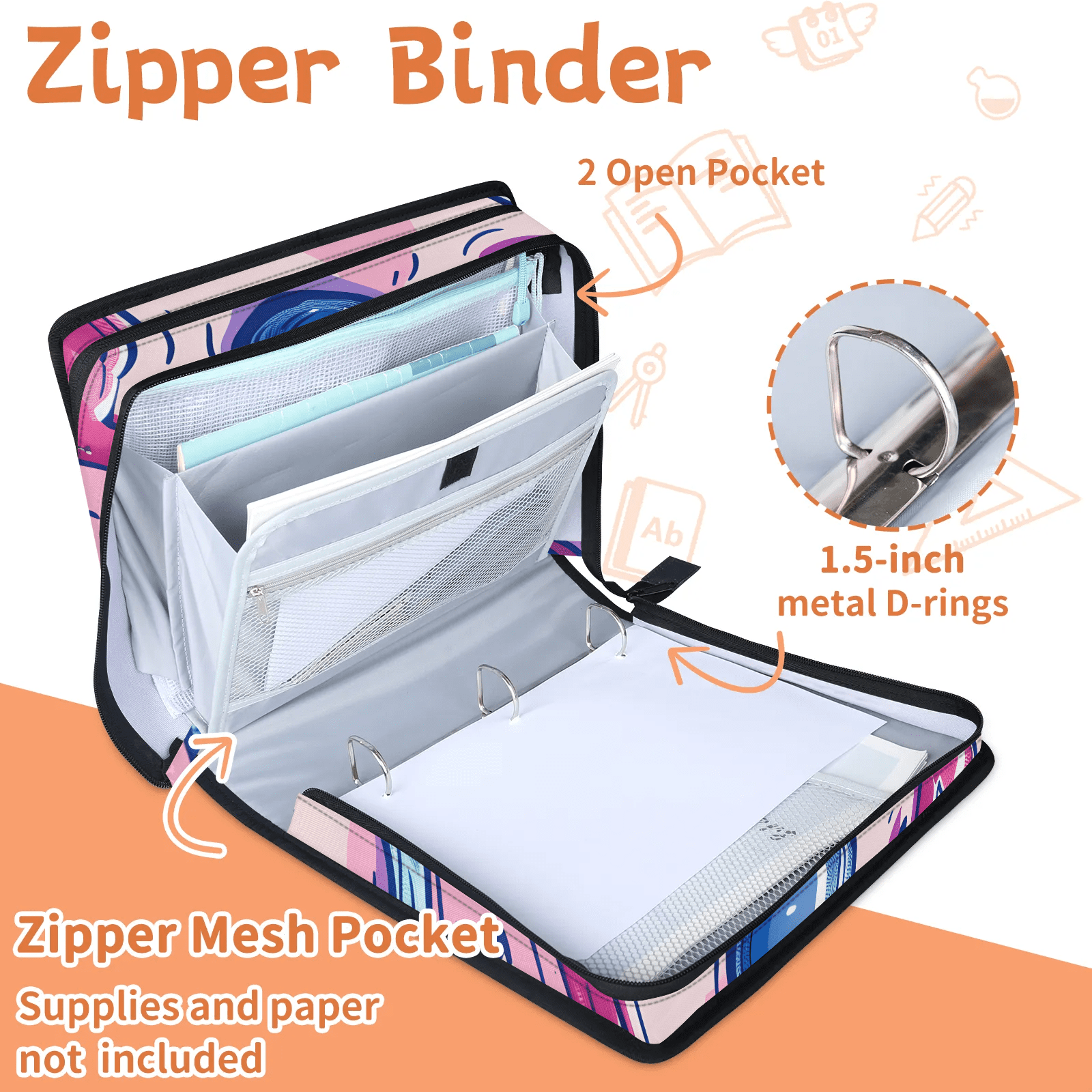 Herdesigns Musical Notes Zipper Binder 1.5 Inch 3 D-Rings with Shoulder Strap & Handle, Waterproof Binder Organizer Bag for 13 Inch Laptop