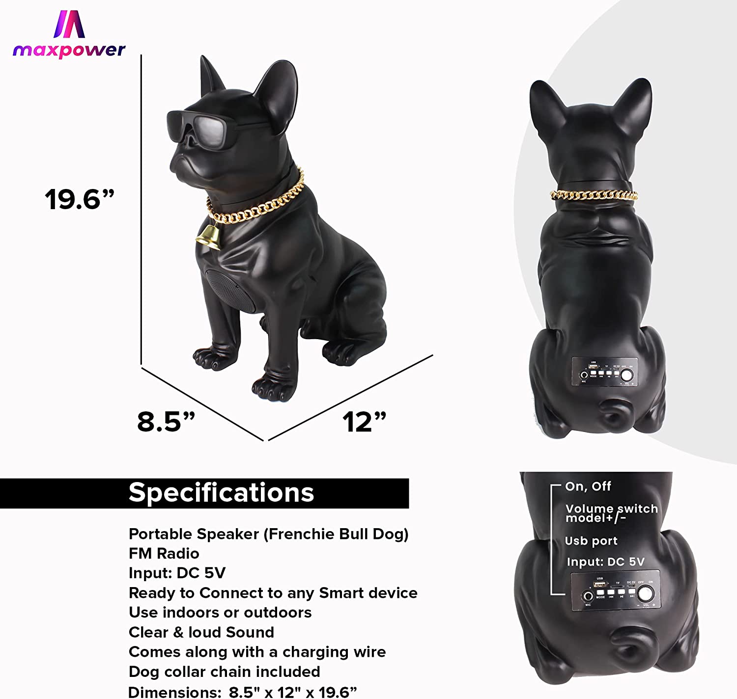 WOOOF Max Power Bulldog Style Speaker MD566 LED Lighting Bluetooth Portable Speaker, Black