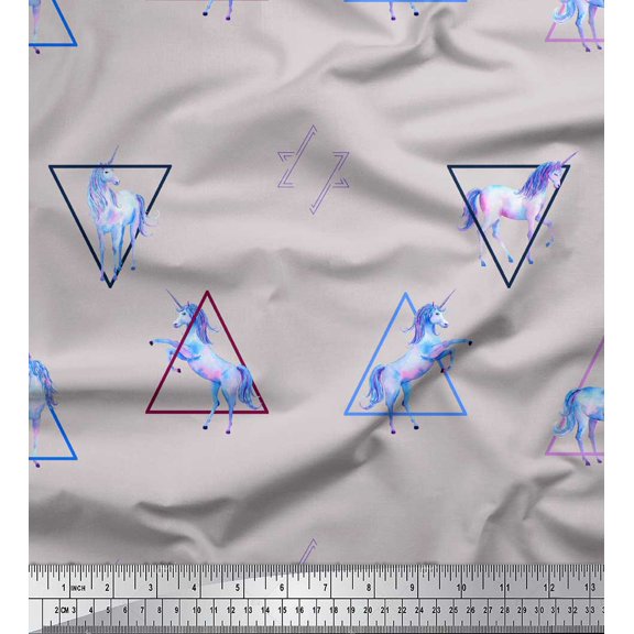 Soimoi Gray Velvet Fabric Unicorn & Triangle Geometric Printed Fabric 1 Yard 58 Inch Wide