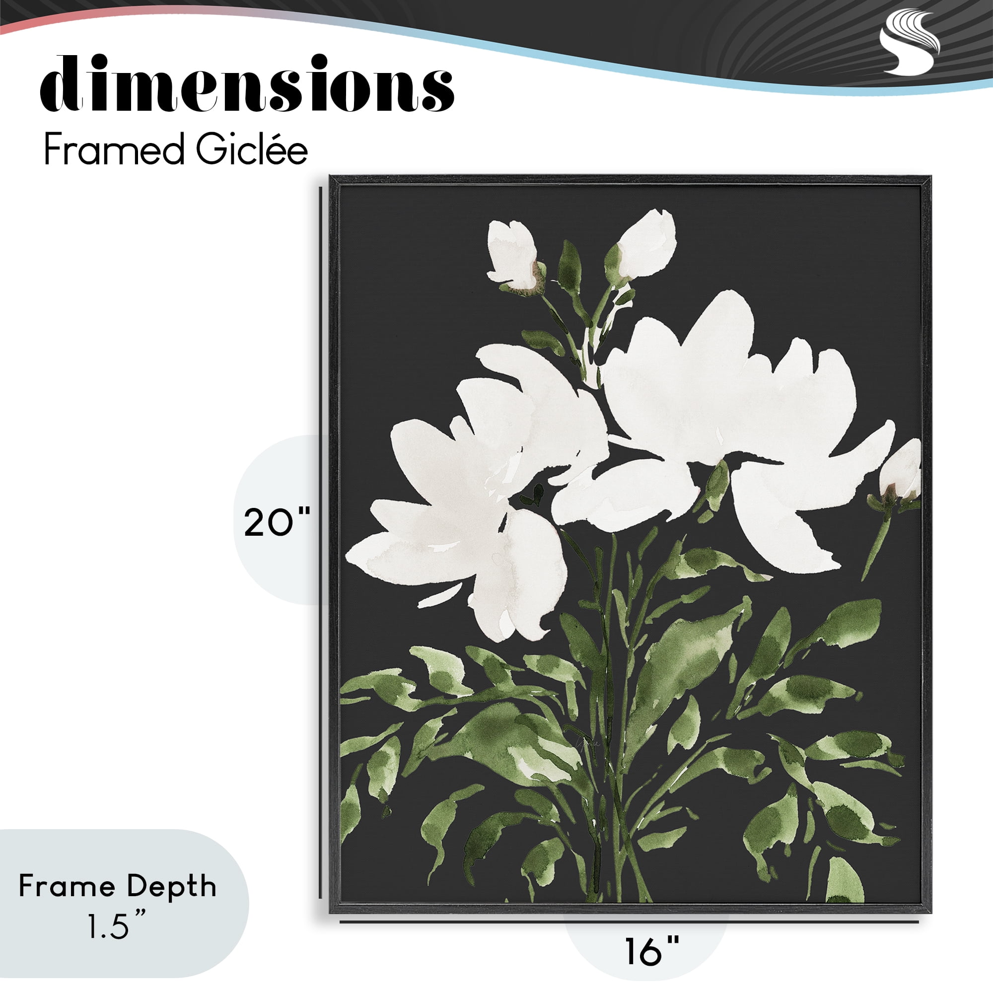 Stupell Industries White On Black Floral Black Framed Giclee Art, design by Lucille Price