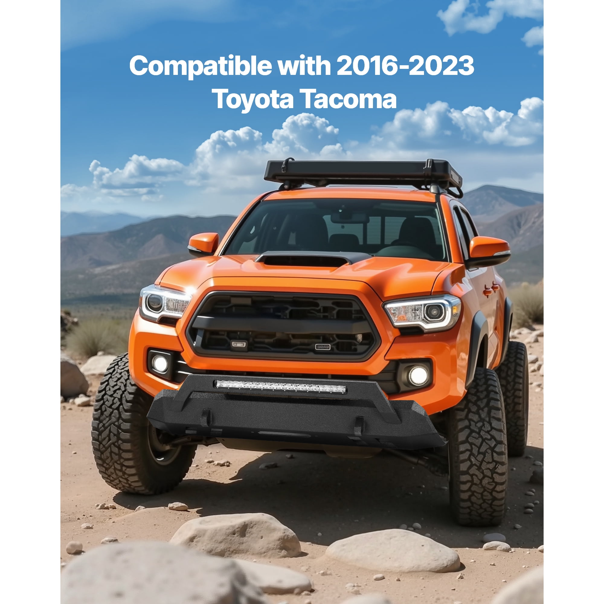 KFFKFF Front Bumper Compatible with 2016-2023 Toyota Tacoma, Pickup Truck Bumper with LED Light Bar, Winch Plate & D-Ring Mounts, Durable Steel Construction with Protective E-Coating
