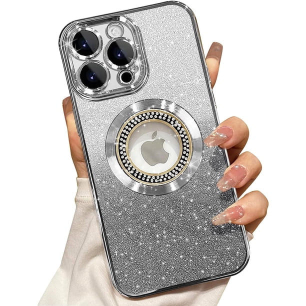 Funda magnética para iPhone 12 Pro Max compatible con MagSafe, protección completa, delgada, a prueba de golpes, antiarañazos, con purpurina y protector de lente de cámara, vista del logotipo