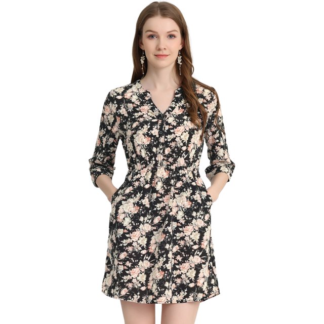 INSPIRE CHIC Robe à Boutons pour Femmes Col en V Manches 3/4 Poches Latérales Florales