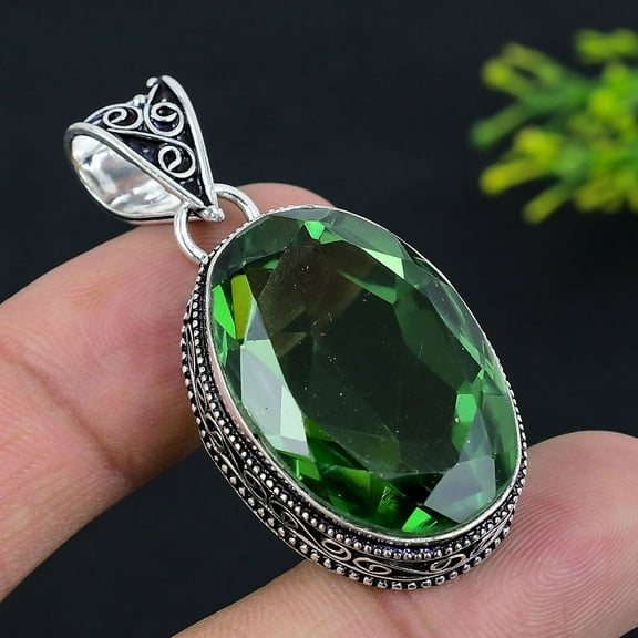 Natural Tsavorite Gemstone Handmade 925 Sterling Silver Pendant 1.93"