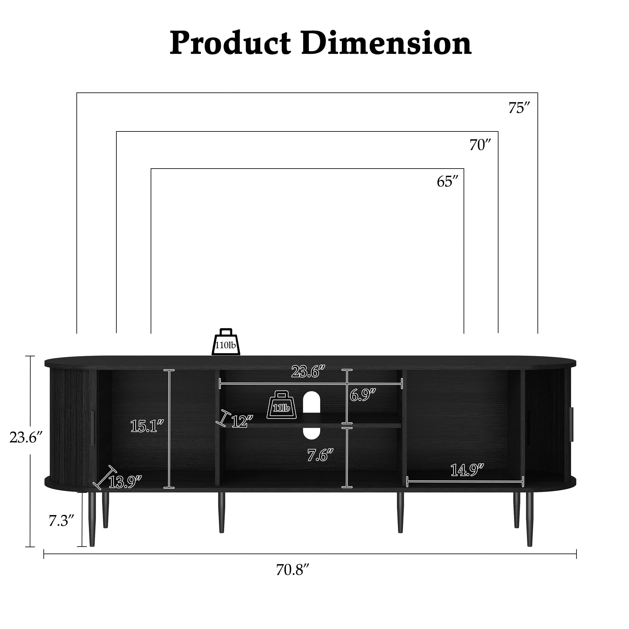 HLR 70" Mid Century TV Stand with Tambour Door for TVs up to 80", Entertainment Center with Storage, Black
