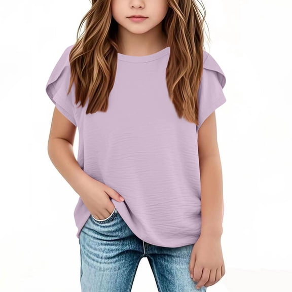 Girls Casual Tops Fashion Petal Short Sleeve Girls Shirts Size 8 Crewneck Loose Fit Blouse Shirts Summer Outfit Kids Clothes Size 3-4 Years,Light Purple