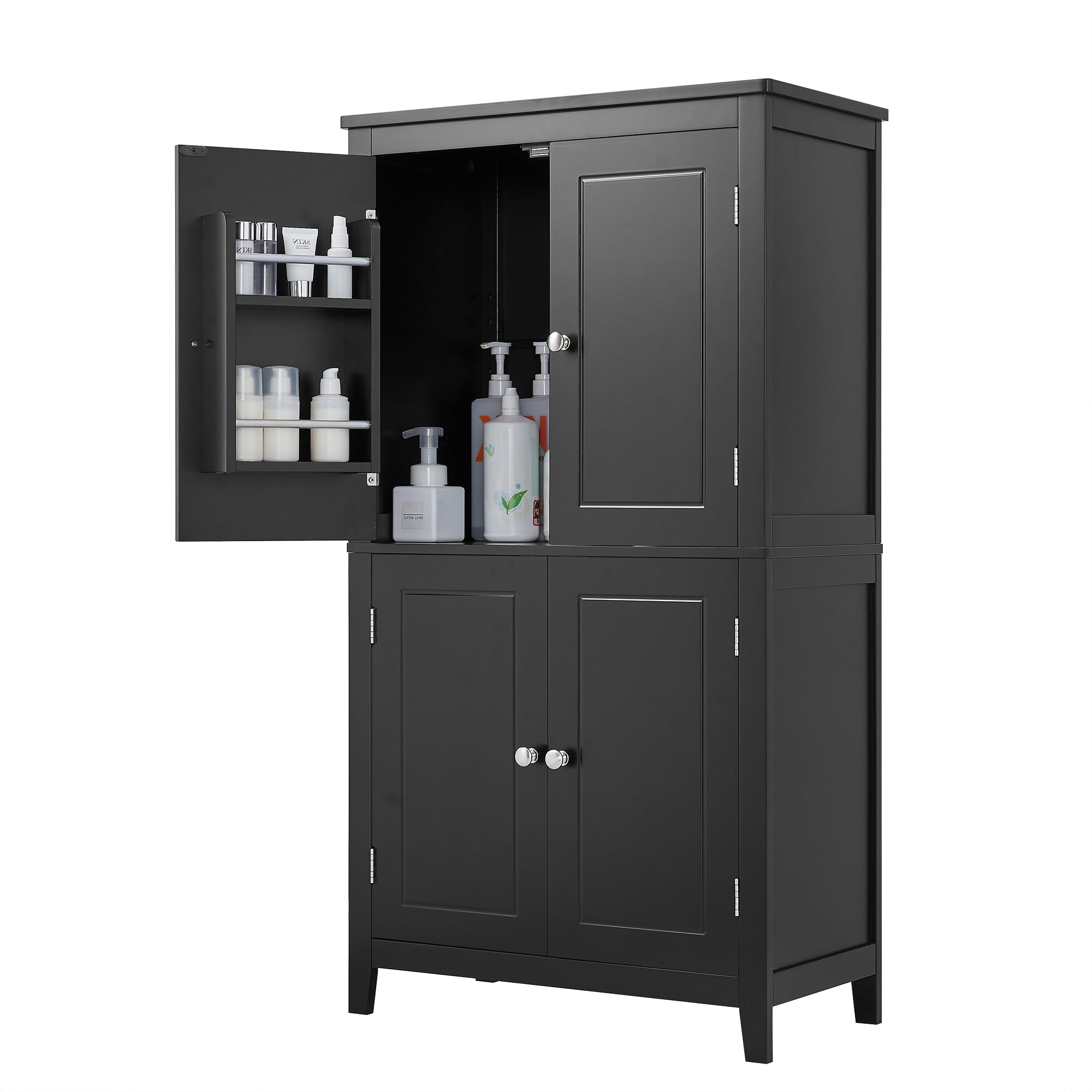 EUROCO Bathroom Floor Storage Cabinet,Bathroom Storage Unit,Freestanding Cabinet with 4 Doors,Adjustable Shelves,Adaptable Shelves,11.8 x 23.6 x 43.3 Inches,Black
