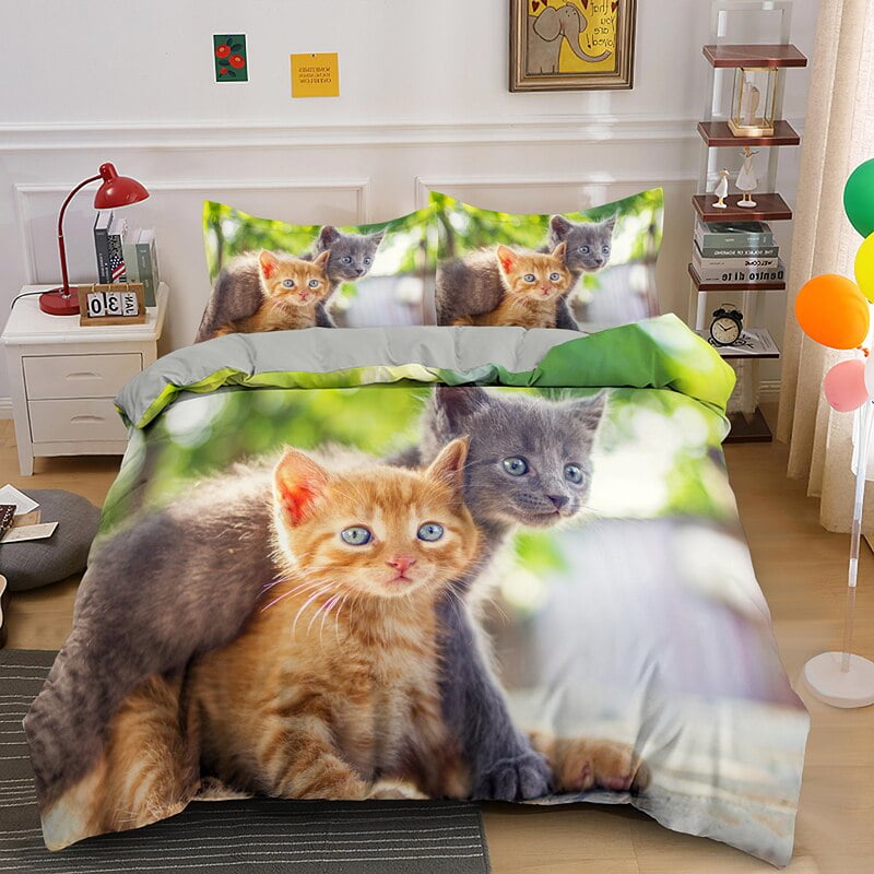 Lying Cat Bedding Set Soft Fabric Cute Duvet Cover Kitten King Twin