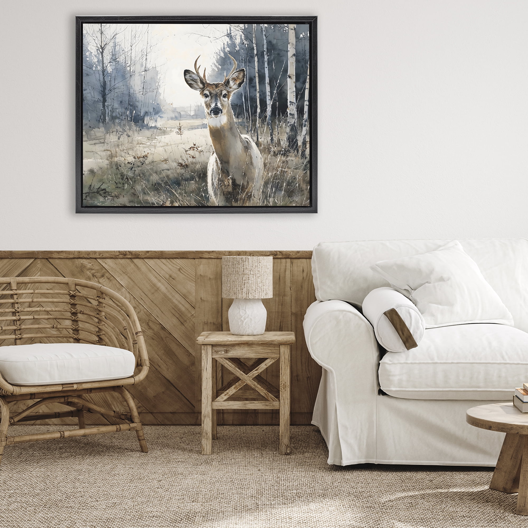 Stupell Industries Deer in Winter Wilderness Black Framed Floater Canvas Wall Art, design by Franklyn Gregory