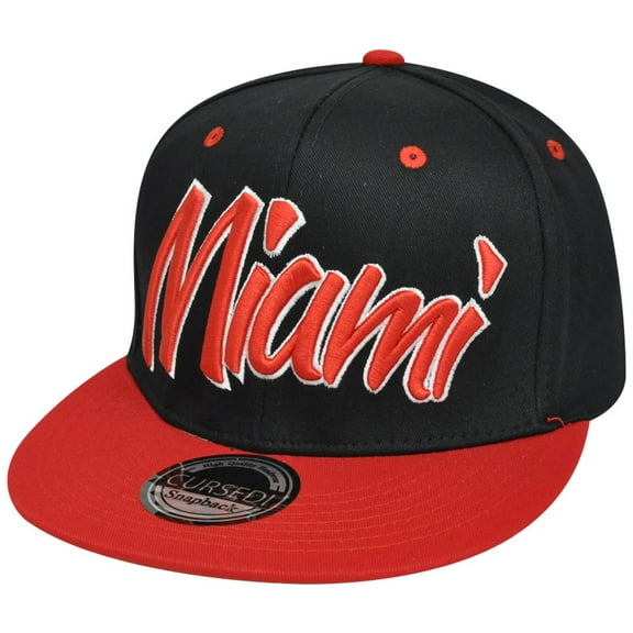 Miami Florida MIA Italic Script Flat Bill Snapback Black Red Adjustable Hat Cap