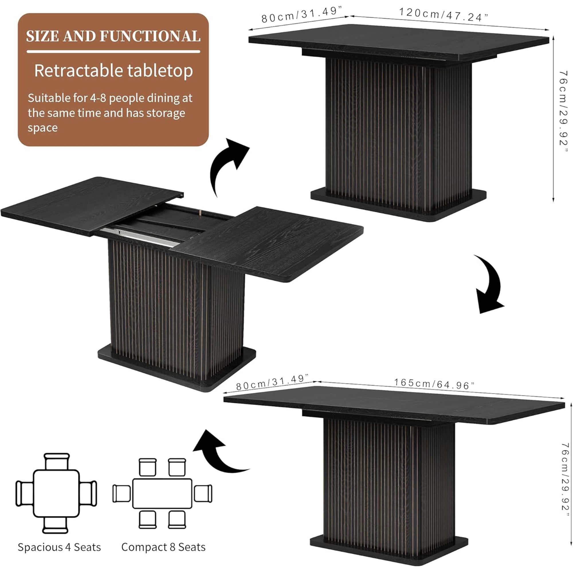 Extendable Dining Table for 4-8, Rectangle Dining Room Table with Storage, Modern Kitchen Table for Dinner, Living Room, Black