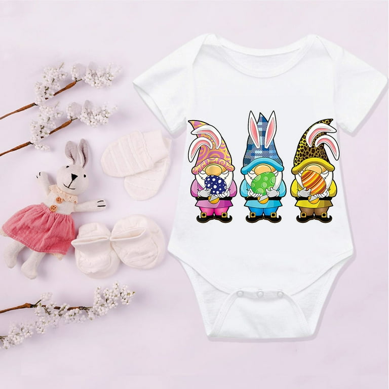 Baby Girl Boy Easter Outfits Infant Easter Gnomes Pattern Romper T-Shirt  Solid Short Sleeve Romper Jumpsuit