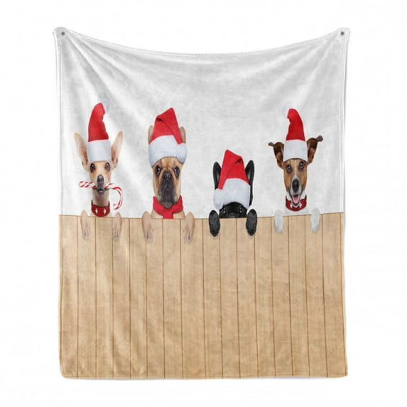 Christmas Soft Flannel Fleece Blanket, Group of Santa Claus Dogs over Wooden Fences Humor Animals Noel Puppies Pet Graphic, Cozy Plush for Indoor and Outdoor Use, 50" x 60", Tan Red, by Ambesonne