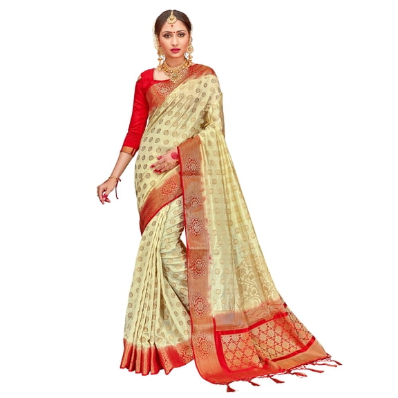 Elina fashion Sarees for Women's Banarasi Art Silk Woven Work Saree l Indian Wedding Ethnic Sari & Blouse Piece (Cream)