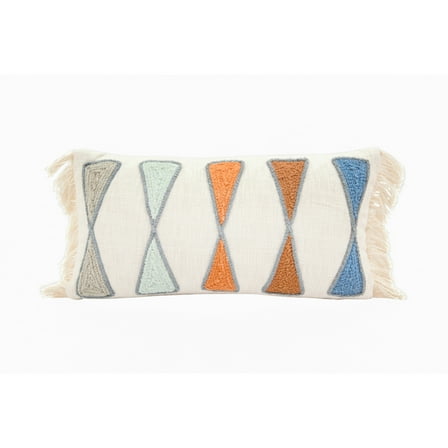 Bloomingville Cotton Lumbar Pillow with Embroidery and Fringe, Multicolor