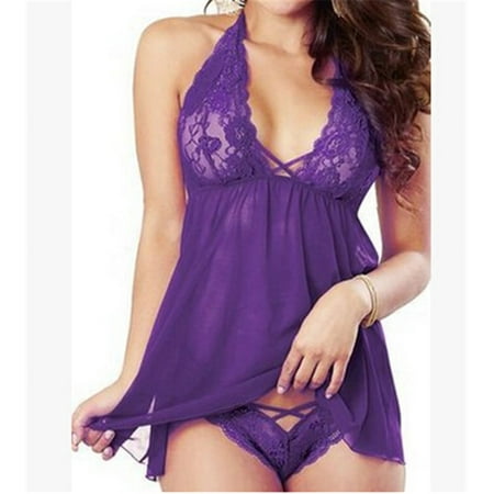 

Women Summer Sexy Nightwear Lace V-Neck Solid Sleepwear Dress Sleeveless Sexy Solid Red Halter Lace Dress Sleepwear