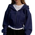 thumbnail image 2 of Womens Cropped Zip Up Hoodie Y2K Long Sleeve Sweatshirt Casual Loose Fit Jacket Navy L, 2 of 7