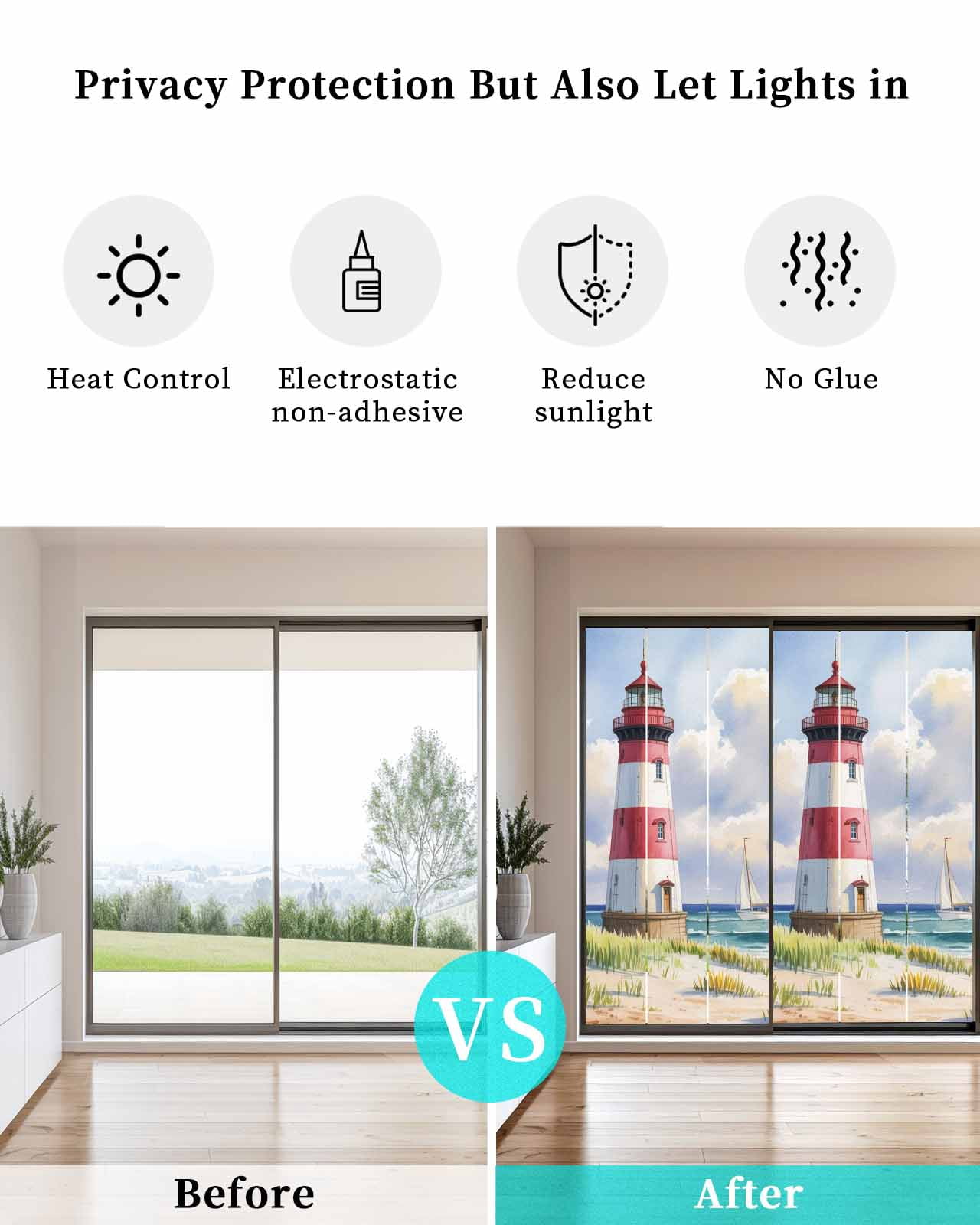 Window Privacy Film Beach Lighthouse Stained Glass Window Film Decorative Sun Block Window Cover Coastal Ocean Ship Sky Oil Painting Window Clings Static Adhesive Sticker for Bathroom 23.6"x59"