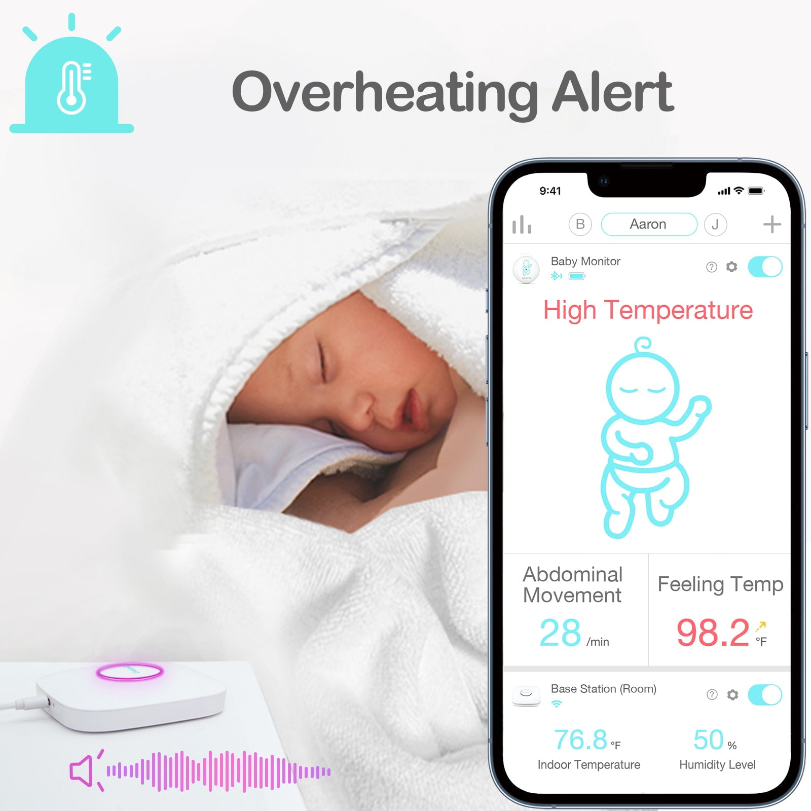 Sense-U Smart Baby Abdominal Movement Monitor - Tracks Baby's Abdominal Movement, Temperature, Rollover, Sleeping Position and Humidity on Smartphone and Base Station - Anytime, Anywhere, Pink