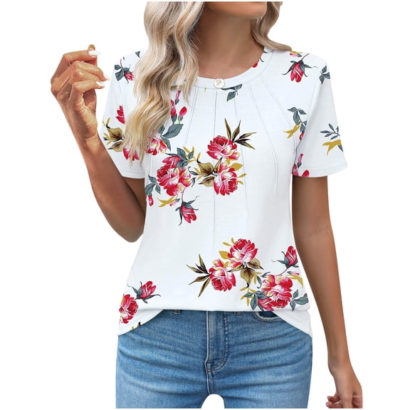 Hrsba Summer Shirts for Women,Summer Print Pleated Short Sleeve Crewneck Soft Ladies T Shirts Tops