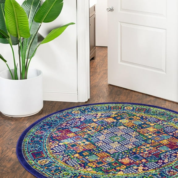 Unique Loom Calypso Collection Area Rug - Trinidad (7' 10" Round Navy Blue/Green)