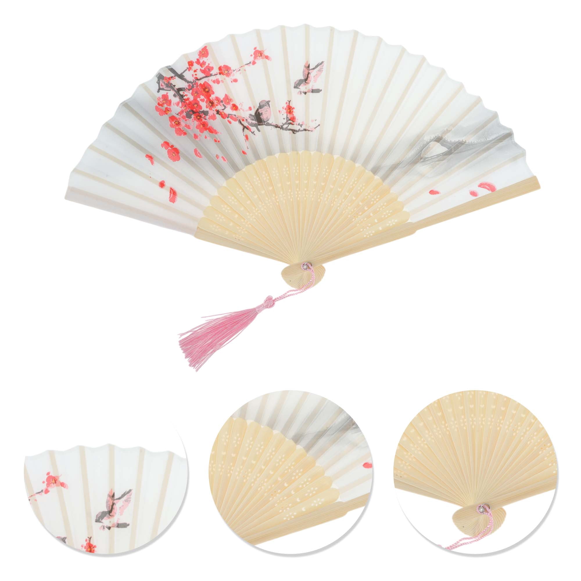 Unique Bargains Ancient Style Folding Fan 1Pc for Parties Gray White [Singing Birds Theme]