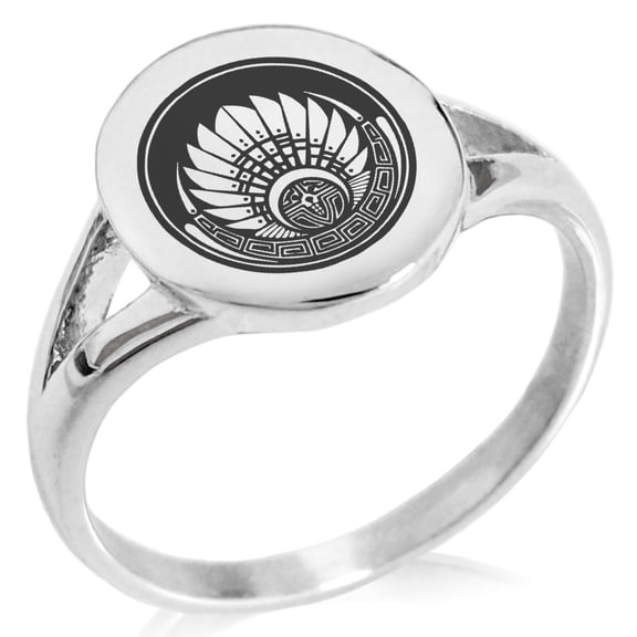 Tioneer Stainless Steel Mayan Quetzalcoatl Headdress Rune Minimalist Oval Top Polished Statement Signet Ring
