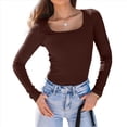 thumbnail image 2 of Camisas de Larga para Mujer, Blusas de Cuello Cuadrado, Blusas Básicas de Punto Acanalado, Conjuntos de Otoño, Ropa de Moda Marrón Oscuro L, 2 of 8
