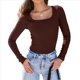 thumbnail image 2 of Camisas de Larga para Mujer, Blusas de Cuello Cuadrado, Blusas Básicas de Punto Acanalado, Conjuntos de Otoño, Ropa de Moda Marrón Oscuro M, 2 of 8