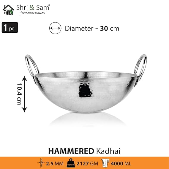 Stainless Steel Heavy Weight Hammered Kadhai, 2.5 mm,30 cm, 2.1 Kg, 4 Litre