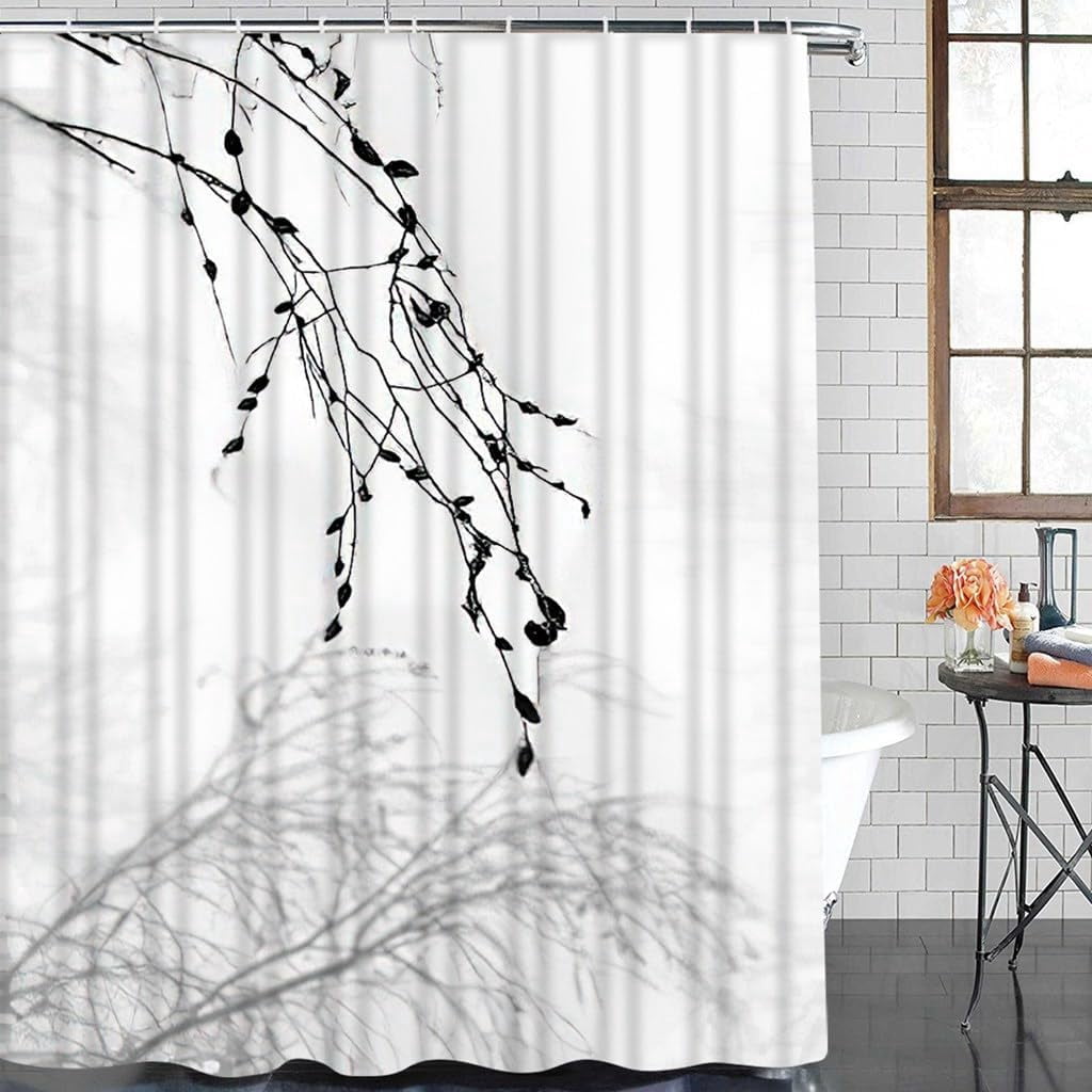 4 Piece Grey Branch Shower Curtain Set Abstract Tree Branches Shadows Beige Concrete Bathroom Sets with Non-Slip Rugs, Toilet Lid Cover and Bath Mat with Standard Size