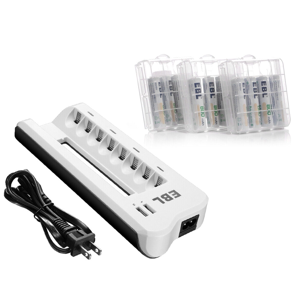 EBL 800mAh NiMH AAA Rechargeable Batteries (12 Pack) and 808U Rechargeable AA AAA Battery Charger with 2 USB Charging Ports