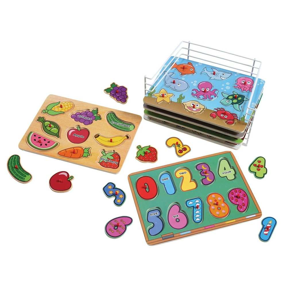 Puzzle Universe Wooden Peg Puzzle Set 6 Pack Wood Puzzles with Wire Storage Rack Include ABC
