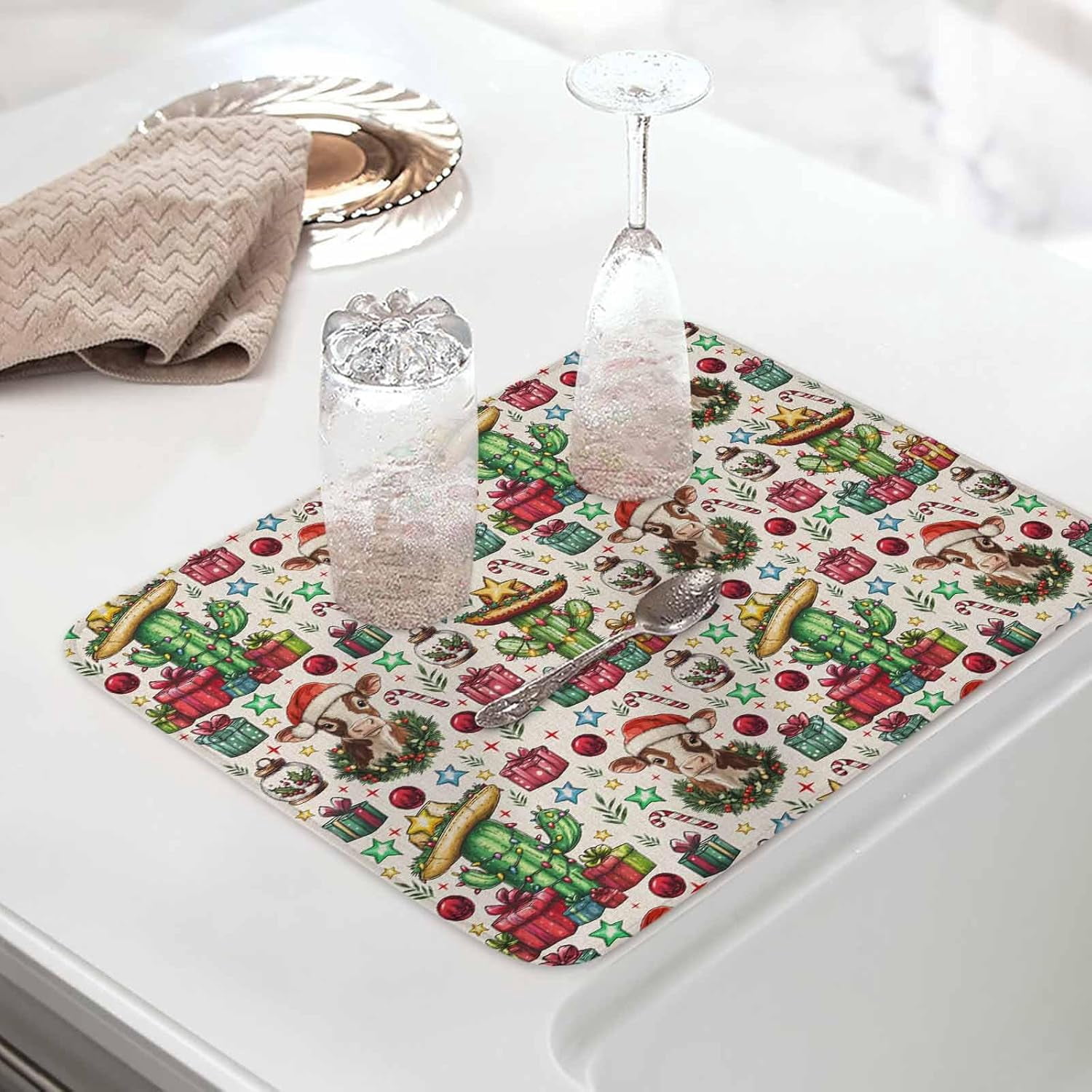 Christmas Dish Drying Mat for Kitchen Counter, Western Cow Cactus Xmas Balls Botanical Rustic Baby Bottle Microfiber Drying Pad, Absorbent Coffee Cup Dishes Drainer Mats 16"x18", 2 Pcs