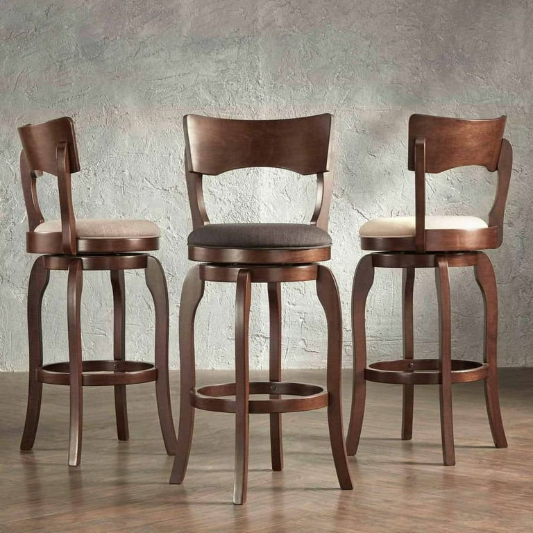 McAllister Brown Oak High Back Swivel Seat Bar Stool Grey Linen