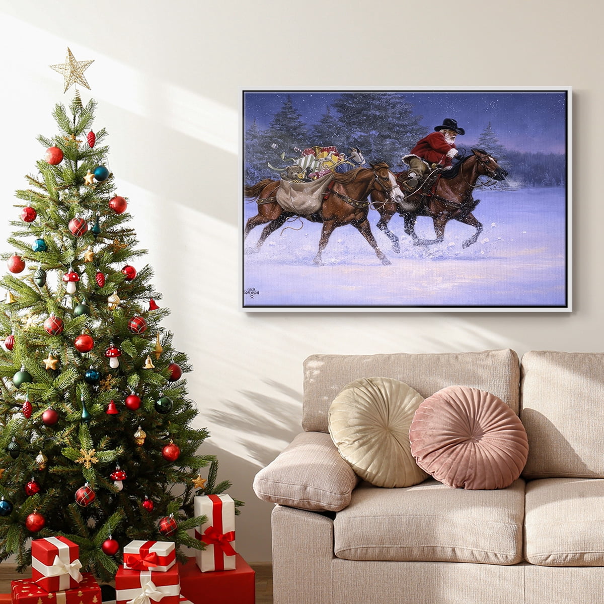 Christmas Rush - Framed Gallery Wrapped Holiday Canvas - 25 x 37 - White Frame