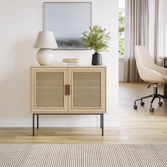 CorLiving Emmett Engineered Wood Compact Sideboard Buffet with Lattice Doors and 4 Shelves, Light Brown